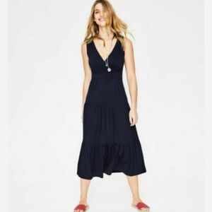 Boden Nicole Size 8 Navy V Neck Wrap Front Sleeveless Midi Tiered Dress Bohemian